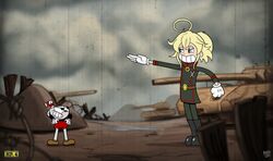  30s adjusting_clothes ahoge andro_juniarto angry belt blonde_hair blue_eyes brown_footwear commentary crossover cuphead cuphead_(game) double-breasted drinking_straw english_commentary fake_screenshot female gameplay_mechanics gem gloves ground_vehicle health_bar high_collar long_sleeves military military_uniform military_vehicle motor_vehicle oldschool outdoors panzerkampfwagen_viii_maus parody ponytail salute standing straight-arm_salute style_parody tank tanya_degurechaff teeth uniform video_game white_gloves youjo_senki 