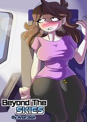  1girls 2020 2020s absurd_res airplane airplane_interior alternate_body_type alternate_breast_size anor3xia artist_name big_ass big_breasts big_butt biting_lip biting_own_lip black_pants blush brown_hair busty clothed_female comic comic_cover curvy curvy_body curvy_female curvy_figure curvy_hips dark_brown_hair digital_media_(artwork) ear_piercing english_text eyebrows eyebrows_visible_through_hair eyelashes female horny jaiden jaiden_animations jaidenanimations looking_up medium_breasts pierced_ears piercing purple_shirt shaking_legs sitting sitting_down solo steamy_breath text thick_thighs thighs tight_clothing wide_hips youtube youtuber youtuber_girl 