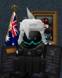  4:5 anthro australian_flag beanboy beanboy100011 clothing game_avatar hat headgear headwear humanoid machine male military military_uniform picture_in_picture protogen protogen_visor roblox robloxian sitting solo uniform user_avatar ushanka 