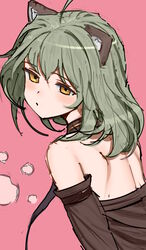  absurdres ahoge animal_ear_fluff animal_ears back bare_shoulders black_necktie blush brown_choker choker closed_mouth detached_sleeves from_side green_hair gukuli highres long_hair looking_at_viewer looking_to_the_side mole mole_on_back necktie orange_eyes original pink_background simple_background solo unfinished upper_body 