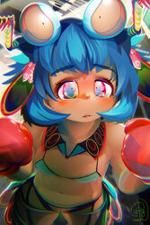  arthropod_girl black_pants blue_bra blue_eyes blue_hair blush boxing_gloves bra breasts commentary_request cowboy_shot crop_top dated extra_eyes female hair_ornament highres looking_at_viewer mantis_girl medium_breasts monster_girl open_mouth original pants shirt short_hair sleeveless sleeveless_shirt smile solo underwear yukiman 