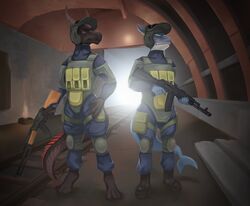  2019 ak-74 ak_platform anthro assault_rifle blue_body blue_scales blue_skin clothed clothing detailed_background dragon duo eyebrows fish gun holding_object holding_weapon horn inside knee_pads light_machine_gun machine_gun male marine metro_2033 military military_clothing military_helmet military_pants mythological_creature mythological_scalie mythology railway_track ranged_weapon red_body red_eyes red_scales red_skin rifle rpk scales scalie shark standing sun tail thepimpartist traditional_media_(artwork) tunnel weapon yellow_eyes 