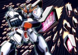  blue_eyes char&#039;s_counterattack clenched_hand fin_funnels flying gundam kin-san_(sasuraiga) looking_at_viewer mazinger_(series) mecha mobile_suit no_humans nu_gundam parody robot scene_reference science_fiction shin_mazinger_shougeki!_z-hen solo v-fin 