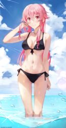  bad_id bad_pixiv_id bikini black_bikini blue_sky breasts cloud commentary_request day female gasai_yuno haru_on long_hair looking_at_viewer mirai_nikki ocean outdoors pink_hair red_eyes sky small_breasts solo standing swimsuit wading water 