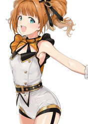  :d aqua_eyes armpits belt breasts buckle cleavage cleavage_cutout clothing_cutout commentary female happy highres idol idolmaster idolmaster_(classic) idolmaster_stella_stage light_blush orange_hair shorts simple_background sleeveless smile solo standing sweat takatsuki_yayoi top!_clover_(idolmaster) tsurui twintails 