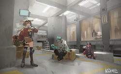  1boy 2girls 2others aciddrop_(arknights) ahoge arknights artist_name black_legwear blue_hair bottle box brown_hair commentary crown dark-skinned_male dark_skin doctor_(arknights) drinking ethan_(arknights) eyewear_on_head frischenq goggles head_wings holding holding_bottle holding_polearm holding_skateboard holding_weapon horns horns_through_headwear indoors infection_monitor_(arknights) jacket knee_pads ladder lancet-2_(arknights) lizard_tail long_hair multiple_girls multiple_others neckerchief on_box pointy_ears polearm red_hair red_jacket short_hair sitting sitting_on_box skateboard symbol-only_commentary tail thighhighs very_long_hair vigna_(arknights) water_bottle weapon white_jacket wings yellow_neckerchief 