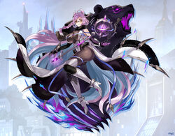  ahoge animal animal_ears armpits bare_shoulders bear boots braid breasts chains commentary_request company_name detached_sleeves female fur_collar gauntlets glasses gloves glowing glowing_weapon huge_breasts leotard long_hair looking_at_viewer lost_ragnarok_(phantom_of_the_kill) official_art phantom_of_the_kill purple_hair ribbon serious shadow single_gauntlet single_glove skindentation staff thigh_boots thighhighs vanargand_(phantom_of_the_kill) very_long_hair waist_cape weapon yellow_eyes 