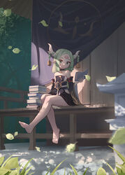  absurdres barefoot bell book book_stack braid facial_mark female forehead_mark green_eyes green_hair hair_bell hair_ornament highres hirotaka0125 horns leaf long_hair looking_at_viewer open_book original pointy_ears sitting solo stone_lantern 