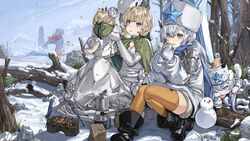  3girls alchemy_stars animalization armor backpacking_stove bag bird black_footwear blonde_hair blue_eyes boots bow breath brown_hair capelet chopsticks cloud coat commentary_request cup dress fallen_tree fish_(food) flower green_eyes hair_flower hair_ornament hat highres holding holding_cup ierotak long_dress long_sleeves looking_at_viewer louise_(alchemy_stars) mittens multiple_girls nikinis_(alchemy_stars) noah_(alchemy_stars) outdoors paper_bag parted_lips portable_stove red_bow rock scarf shooting_star short_hair shoulder_armor sitting skewer snowman standing star_(symbol) thighhighs tongue tongue_out tree white_coat white_dress white_hair white_headwear yellow_thighhighs 