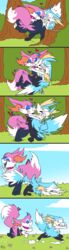  absurd_res anthro anthro_on_anthro blue_body blue_fur blush braixen digital_media_(artwork) duo eyeshadow female fuf fur generation_6_pokemon heart_symbol hi_res koru_(braixenchu) makeup male male/female nintendo pokemon pokemon_(species) shiny_pokemon tail tail_grab tail_pull 