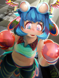  arthropod_girl black_pants blue_eyes blue_hair blue_shirt blush boxing_gloves breasts commentary_request cowboy_shot crop_top dated extra_eyes female hair_ornament looking_at_viewer mantis_girl medium_breasts monster_girl open_mouth original pants shirt short_hair sleeveless sleeveless_shirt smile solo yukiman 