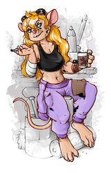  4_toes anthro bandage bandaged_arm barefoot battery belly beverage black_clothing black_crop_top black_shirt black_topwear blonde_hair blue_eyes bottomwear breasts chip_&#039;n_dale_rescue_rangers cigarette claws clock clothing coffee container crop_top cup disney eyewear feet female fur gadget_hackwrench goggles graphite_(artwork) grey_background greyscale_background hair holding_container holding_cup holding_object long_hair mammal micro mouse mug murid murine navel oil pants paws pencil_(artwork) pencil_(object) pink_inner_ear pink_nose plunger purple_bottomwear purple_clothing purple_pants rodent shirt simple_background sitting smoking solo tail tan_body tan_fur thin_tail toes topwear traditional_media_(artwork) watch white_claws workshop wristwatch writing_utensil zterry 