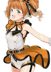  :d aqua_eyes armpits belt breasts buckle cleavage cleavage_cutout clothing_cutout commentary female happy highres idol idolmaster idolmaster_(classic) idolmaster_stella_stage light_blush orange_hair overskirt shorts simple_background sleeveless smile solo standing sweat takatsuki_yayoi top!_clover_(idolmaster) tsurui twintails 