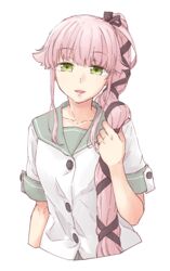  bad_id bad_pixiv_id buttons female green_eyes hair_flaps hair_over_shoulder hair_ribbon kantai_collection long_hair looking_at_viewer pink_hair ponytail ribbon rindou_(rindou_annon) school_uniform serafuku shirt short_sleeves solo upper_body very_long_hair white_shirt yura_(kancolle) 