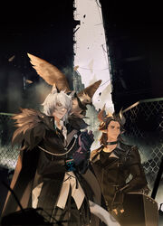  2boys aerysky animal_ears arknights bandana bird black_bandana black_coat black_gloves black_necktie black_pants black_shirt brown_hair building choker closed_mouth coat cow_boy cow_ears cow_horns dark-skinned_male dark_skin eagle facial_mark fence fingerless_gloves forehead_mark fur_collar gloves grey_sky hair_over_one_eye highres holding holding_shield horns leopard_boy leopard_ears long_sleeves matterhorn_(arknights) medium_hair multiple_boys necktie outdoors ox_horns pants polo_shirt purple_gloves shield shirt silverash_(arknights) sky tenzin_(arknights) white_hair white_shirt 