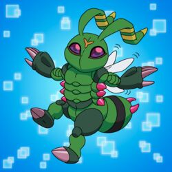  1:1 arthropod bandai_namco charlesdoodles claws digimon digimon_(species) evolution_(transformation) green_body hi_res insects markings multi_arm multi_limb purple_eyes solo stingmon transformation wings wormmon yellow_markings 