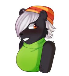  alpha_channel anthro arm_tuft artist_name ashe_grewirt black_body black_fur black_nose blush breasts clothing eternal_forwardness eyebrows female fur green_clothing green_shirt green_topwear hair hair_over_eye hat headgear headwear heart_symbol hi_res looking_away mammal mephitid one_eye_obstructed orange_eyes pattern_clothing pattern_hat pattern_headgear pattern_headwear shirt shoulder_tuft simple_background skunk sleeveless_shirt smile solo striped_clothing striped_hat striped_headgear striped_headwear stripes topwear tuft violetmadness7 white_hair 