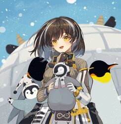  2021 :d animal animal_ears arknights baby_penguin bird bird_mask blush breasts brown_hair clothes_around_waist coat commentary cow_ears cow_hat cow_horns earrings emperor_penguin female glint gloves grey_sweater hair_between_eyes hat head_tilt highres holding holding_animal horns igloo jewelry looking_at_viewer magallan_(arknights) magallan_(elite_ii)_(arknights) mask mask_around_neck medium_breasts medium_hair multicolored_hair off_shoulder open_mouth penguin penguin_chick rhine_lab_logo ribbed_sweater simple_background single_earring smile snow_shelter solo spacelongcat streaked_hair sweater turtleneck turtleneck_sweater two-tone_hair upper_body white_coat white_gloves white_hair yellow_eyes 