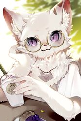  2023 2:3 :3 anthro arm_tuft beverage biped bust_portrait cheek_tuft clothed clothing colored cute_fangs day dessert detailed_background digital_media_(artwork) domestic_cat drinking_straw ear_markings elbow_tuft eyelashes eyewear facial_tuft felid feline felis fingers fluffy food front_view fully_clothed fur glasses glistening glistening_eyes hi_res holding_beverage holding_object humanoid_hands inner_ear_fluff jewelry kemono looking_aside mammal mismatched_ears mofuaki monotone_body monotone_fur multicolored_ears neck_tuft necklace outside pastry pendant pie pink_inner_ear pink_nose plant plate portrait pupils purple_eyes shaded shirt sitting smile snaggle_tooth solo t-shirt topwear tree tuft two_tone_ears white_body white_clothing white_ears white_fur white_inner_ear_fluff white_shirt white_topwear 