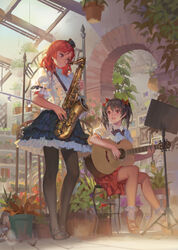  2girls absurdres acoustic_guitar aircraft airplane alphonse_(white_datura) arch black_hair black_legwear blouse bookshelf bow bowtie bug butterfly commentary french_text frilled_skirt frills grey_eyes guitar hairbow hat highres instrument lolita_fashion long_legs love_live! love_live!_school_idol_project mary_janes mini_hat mini_top_hat multiple_girls music_stand nishikino_maki open_mouth pantyhose photoshop_(medium) plant potted_plant puffy_short_sleeves puffy_sleeves red_eyes red_hair revision saxophone shirt shoes short_sleeves sitting skirt smile socks standing stool tenor_saxophone top_hat twintails white_shirt white_socks yazawa_nico 