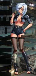  blue_hair blush boots breasts cleavage eye_patch female france gloves highres hips humanized jacket large_breasts original pantyhose pin_up red_eyes smile solo standing tanks tanned tenlann toes world_of_tanks wot 