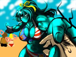  :&lt; american_flag american_flag_bikini american_flag_print bad_id bad_pixiv_id bikini blush breasts colored_skin female fingerless_gloves flag_print gloves green_hair green_skin hair_ribbon highres holding_hands jealous jennifer_walters large_breasts long_hair looking_at_viewer marvel muscular pointing ponytail pov print_bikini ribbon she-hulk shigemori_(sigamori) straight sweatdrop swimsuit 