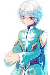  1boy albino bad_id bad_pixiv_id bishounen cape commentary_request expressionless male_focus mikleo_(tales) miyu_(matsunohara) red_eyes shirt solo tales_of_(series) tales_of_zestiria white_background white_hair 