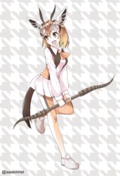  animal_ears brown_hair collared_shirt commentary_request female gazelle_ears gazelle_horns gazelle_tail horn_lance kemono_friends light_brown_hair loafers long_sleeves multicolored_hair neck_ribbon pantyhose pleated_skirt ribbon shirt shoes short_hair skirt solo souichitei standing standing_on_one_leg sweater thomson&#039;s_gazelle_(kemono_friends) vest weapon white_hair 