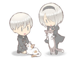  1boy black_dress blue_eyes chibi feline female hair_over_one_eye nier nier_(series) nier_automata short_hair thigh_boots white_hair yorha_no._2_type_b yorha_no._9_type_s 