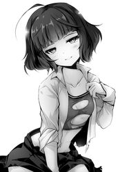  ahoge ai_takurou blunt_bangs blush breasts cleavage collarbone collared_shirt commentary_request female greyscale half-closed_eyes holding kantai_collection kishinami_(kancolle) looking_at_viewer monochrome navel open_clothes open_mouth open_shirt shirt short_hair simple_background skirt smile solo sports_bra sweat torn_clothes torn_sports_bra underwear wavy_hair white_background 