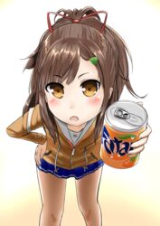  azel_bikushioma blush fanta female female high_school_fleet irizaki_mei jacket offering open_mouth shiny shiny_hair shiny_skin simple_background skirt soda solo white_background 