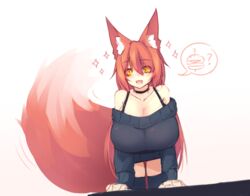  :d animal_humanoid big_breasts big_tail blush bra_straps breasts burger canid canid_humanoid canine canine_humanoid choker cleavage clothed clothing dipstick_tail female food fox_humanoid hair hi_res huge_breasts humanoid inner_ear_fluff jewelry legwear long_hair mammal mammal_humanoid markings multicolored_tail necklace open_mouth orange_hair smile solo sub-res sweater tail tail_markings thigh_highs topwear tuft yellow_eyes 