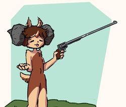  anthro azur746 blue_background bovid brown_hair caprine ears_up fur goat gun hair holding_gun holding_object holding_ranged_weapon holding_weapon horn humanoid_hands male mammal portrait pose ranged_weapon simple_background solo tail tan_arms tan_body tan_fur tan_legs tan_tail tongue tongue_out weapon 