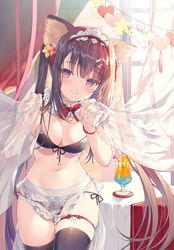  animal_ear_fluff animal_ears apron bikini black_bikini black_hair black_thighhighs bow bowtie breasts cat_ears cleavage cowboy_shot cup curtain_grab curtains detached_collar drinking_glass drinking_straw female flower front-tie_bikini_top front-tie_top hair_flower hair_ornament hairclip headdress highres holding hurricane_glass long_hair looking_at_viewer maid maid_apron maid_bikini maid_headdress medium_breasts midriff miwabe_sakura mole mole_under_eye navel orange_eyes original photoshop_(medium) side-tie_bikini_bottom skindentation smile solo stomach swimsuit thigh_strap thighhighs thighs tropical_drink twintails unconventional_maid very_long_hair waist_apron 