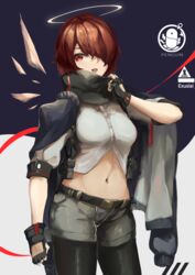  :d absurdres adapted_costume arknights black_gloves black_pantyhose breasts commentary cowboy_shot crop_top exusiai_(arknights) female fingerless_gloves gloves grey_shorts hair_over_one_eye halo high_collar highres kajuu looking_at_viewer midriff navel open_mouth pantyhose pantyhose_under_shorts penguin_logistics_logo red_eyes red_hair rhodes_island_logo_(arknights) short_hair short_shorts short_sleeves shorts small_breasts smile solo standing stomach 