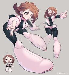  :o bodysuit boku_no_hero_academia boots brown_eyes brown_hair chibi closed_eyes female floating foreshortening grey_background high_heel_boots high_heels mount multiple_views ohhhhhhtsu pointing short_hair sidelocks simple_background twitter_username uraraka_ochako v-shaped_eyebrows 