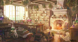  artist_name barrel beaker book book_stack cauldron ceiling chair day fantasy fireplace garlic garutaisa herb_bundle highres indoors jar loaded_interior no_humans original paper pestle plant potion potted_plant scenery storage_pot test_tube test_tube_rack vial watermark window wooden_floor 