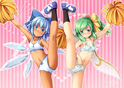  2girls bare_arms bare_shoulders black_socks blue_bow blue_eyes blue_hair blush bow bow_bra bow_panties bra breasts button_bra chima_q cirno collarbone commentary daiyousei embarrassed fairy_wings frown green_eyes green_hair hair_between_eyes hairbow heart ice ice_wings kneepits large_bow leg_up multiple_girls navel outline outstretched_arm panties pink_background pom_pom_(cheerleading) short_hair simple_background small_breasts socks split standing standing_on_one_leg standing_split striped striped_background tan tanned_cirno touhou training_bra underwear underwear_only v-shaped_eyebrows vertical_stripes wavy_mouth white_bra white_outline white_panties wings yellow_bow 