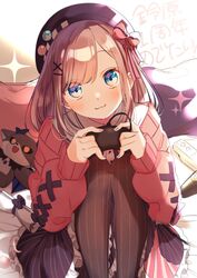  :3 absurdres black_hat black_legwear blue_eyes blush bow brown_hair cardigan closed_mouth commentary_request controller debidebi_debiru female game_controller hair_ornament hairbow hat head_tilt highres holding holding_controller holding_game_controller kuma_daigorou long_sleeves looking_at_viewer medium_hair nail_polish nijisanji pink_cardigan sitting solo stuffed_toy suzuhara_lulu virtual_youtuber wii_remote x_hair_ornament 