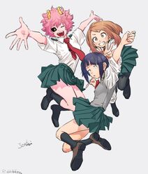  3girls ashido_mina audio_jack black_footwear black_sclera blue_hair boku_no_hero_academia brown_eyes brown_footwear brown_hair collared_shirt colored_sclera colored_skin green_skirt grey_background grin horns jirou_kyouka long_earlobes multiple_girls necktie ohhhhhhtsu one_eye_closed open_mouth pantyhose pink_hair pink_skin pleated_skirt red_necktie school_uniform shirt short_hair sidelocks simple_background skirt smile teeth u.a._school_uniform uraraka_ochako v yellow_eyes 