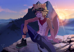  2017 abs anthro backlighting black_nose blonde_hair blue_eyes boots canid canine claws clothing cloud detailed_background eyewear eyewear_on_head footwear front_view goggles goggles_on_head grin hair hi_res high_place kerchief kiske_7key landscape lens_flare light lighting looking_at_viewer male mammal mountain muscular muscular_male navel neckerchief nipples outside pecs portrait pose raised_tail red_kerchief red_neckerchief serratus short_hair sitting sky smile solo spread_legs spreading sun sunrise tail 