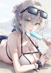  absurdres bare_shoulders blush breasts cleavage collarbone commentary_request eyewear_on_head female food green_eyes grey_hair hair_between_eyes highres holding holding_food hololive large_breasts looking_at_viewer lying medium_hair misyune mole mole_on_breast on_stomach popsicle shirogane_noel shirogane_noel_(summer_2020) solo tongue tongue_out virtual_youtuber 