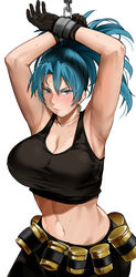  1girls annoyed arms_up bakkanki bare_midriff blue_eyes blue_hair bondage cleavage female female_focus female_only from_above frown gloves handcuffs king_of_fighters large_breasts leona_heidern long_hair navel nipples nipples_visible_through_clothing ponytail restrained shaved_armpit smooth_armpits solo solo_focus sweat tank_top 