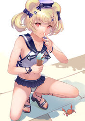  :q animal animal_ears arknights bad_id bad_pixiv_id bare_arms bare_shoulders bear_ears bikini bikini_skirt blonde_hair bow breasts closed_mouth collarbone crab crop_top female food gummy_(arknights) gummy_(summer_flowers)_(arknights) hair_ornament hairbow hairclip hat holding ice_cream looking_at_viewer md5_mismatch medium_breasts midriff mokyumokyuchan nail_polish official_alternate_costume red_eyes red_nails sailor_bikini sailor_collar sailor_hat sandals shadow shirt short_hair sleeveless sleeveless_shirt smile solo squatting swimsuit thighs tongue tongue_out twintails white_hat white_shirt 