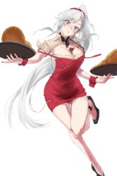  absurdres apron azur_lane beige_shirt belfast_(azur_lane) belfast_(piping-hot_perfection)_(azur_lane) between_breasts black_footwear blue_eyes blush braid breasts broken broken_chain chains cleavage collar collarbone commentary cup drinking_glass earrings eyebrows_hidden_by_hair female food french_braid hair_ornament hair_scrunchie hairclip head_tilt high_heels highres holding holding_tray jewelry large_breasts long_hair low_neckline maid official_alternate_costume parted_lips pizza ponytail red_apron red_nails red_scrunchie sankyo_(821-scoville) scrunchie short_sleeves sidelocks simple_background solo standing standing_on_one_leg strap_slip thigh_gap tray white_background white_hair wrist_cuffs 