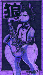  2022 anthro artist_name bottom_heavy bow_tie canid canine canis closed_eyes clothing dress_shirt eyelashes femboy fingers hi_res male mammal musical_instrument parasitedeath playing_saxophone saxophone shirt signature simple_background solo suspenders thick_thighs topwear traditional_media_(artwork) wide_hips wind_instrument wolf wolf_(parasitedeath) woodwind_instrument 