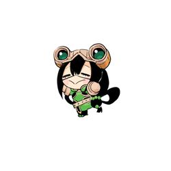  :&gt; asui_tsuyu black_hair bodysuit boku_no_hero_academia chibi chibi_only closed_eyes facial_mark female goggles goggles_on_head green_bodysuit hair_between_eyes hair_rings long_hair low-tied_long_hair lowres ohhhhhhtsu simple_background solo white_background 