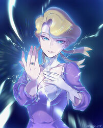  blonde_hair blue_eyes braid breasts choker cleavage cleavage_cutout clothing_cutout collar collarbone commentary_request dress eyelashes female fingernails glacia_(pokemon) gloves hands_up highres ivory_(25680nico) jewelry long_dress looking_at_viewer low-cut makeup pokemon pokemon_oras puffy_short_sleeves puffy_sleeves purple_dress quad_tails ring short_hair short_sleeves signature single_glove sleeves_past_elbows smile solo white_choker white_gloves 