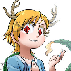  &gt;:) antlers blonde_hair blue_shirt chamaji commentary dragon_girl dragon_horns dragon_tail female horns kicchou_yachie lowres nail_polish profile_picture red_eyes shirt short_hair simple_background smile tail touhou turtle_shell v-shaped_eyebrows white_background 