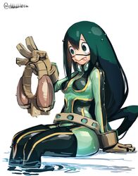  :&gt; asui_tsuyu bodysuit boku_no_hero_academia breasts brown_gloves female frog_girl gloves goggles green_bodysuit green_eyes green_hair hair_rings holding holding_goggles long_hair looking_at_object low-tied_long_hair medium_breasts ohhhhhhtsu simple_background sitting soaking_feet solo twitter_username wet white_background 